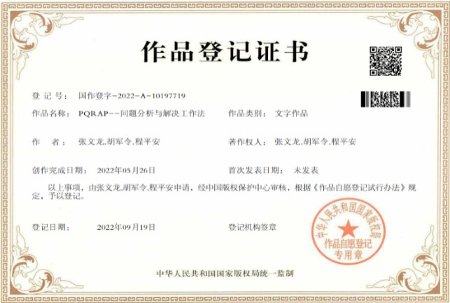 《PQRAP——问题分析与解决工作法》作品登记证书